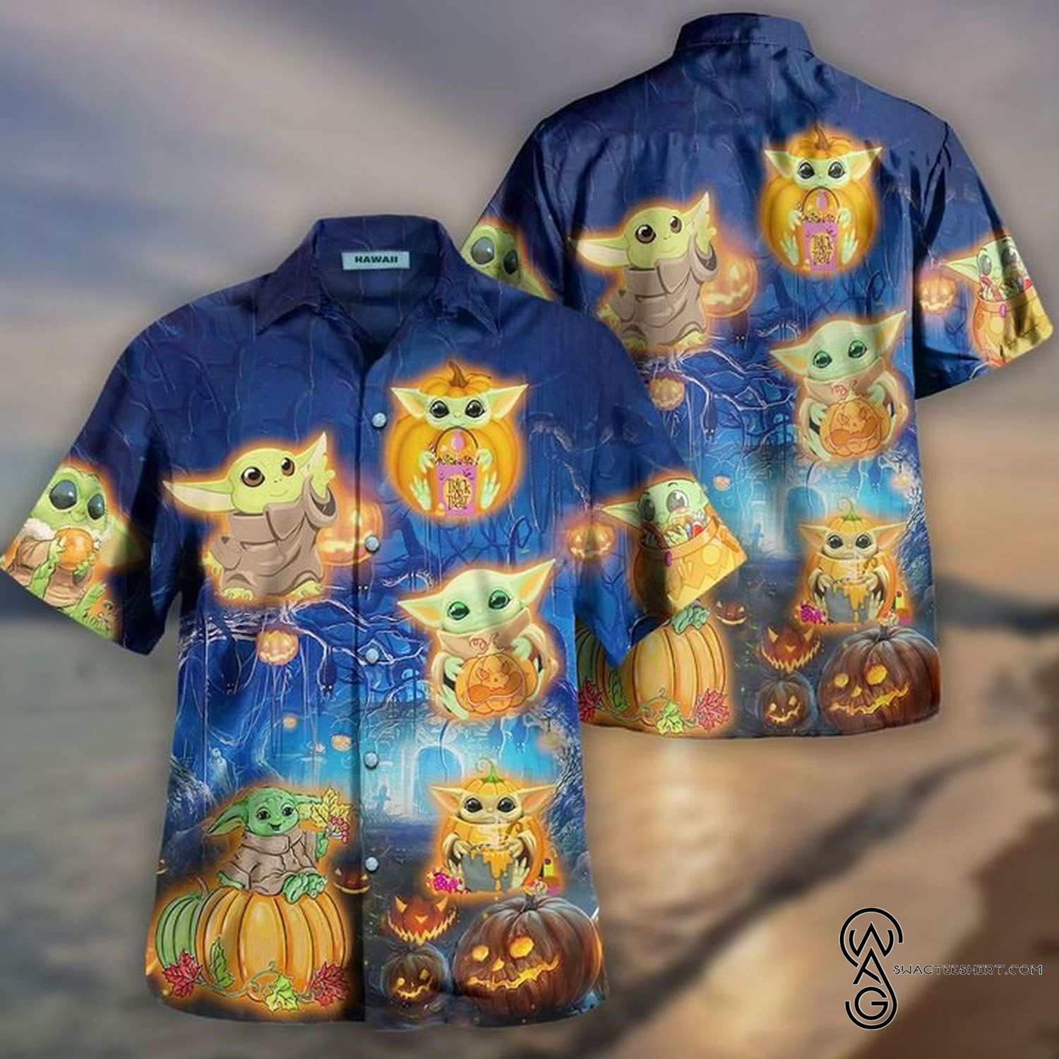 [Top Trending] BY Baby Yoda With Pumpkins Halloween Casual Beach Full Printing Hawaiian Shirt